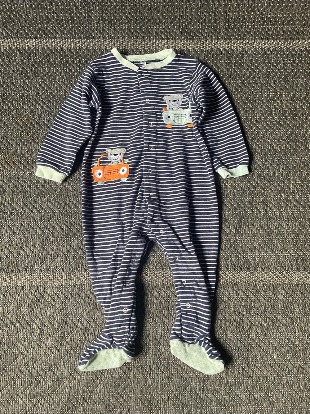 Striped Navy and White Baby One-Piece with Car Appliqués